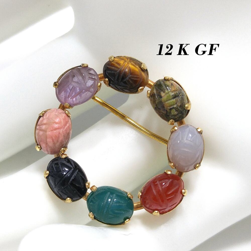 C. C. Gemstone Eight Scarab Brooch, 12K Gold Filled Garnet Jadeite Quartz 1950s